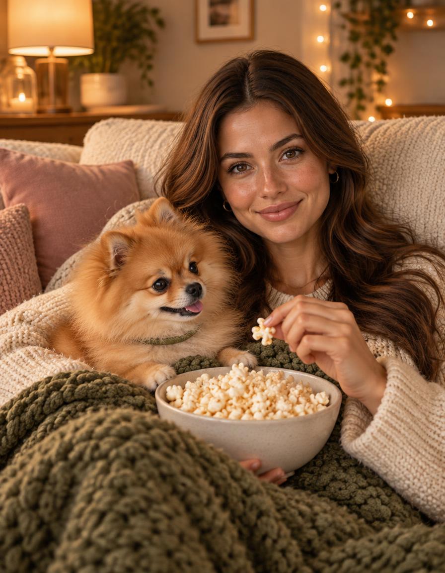 Mia Star and Teddy, her Pomeranian, curled up on a cosy sofa with popcorn and an olive-green blanket.