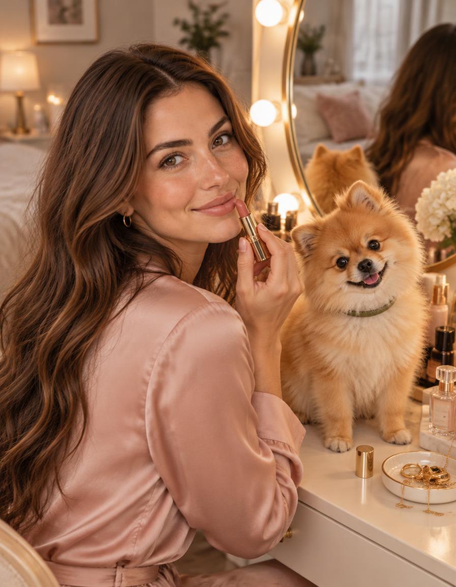 Mia Star at her softly lit vanity with Teddy beside her, wearing blush pink and applying lipstick.